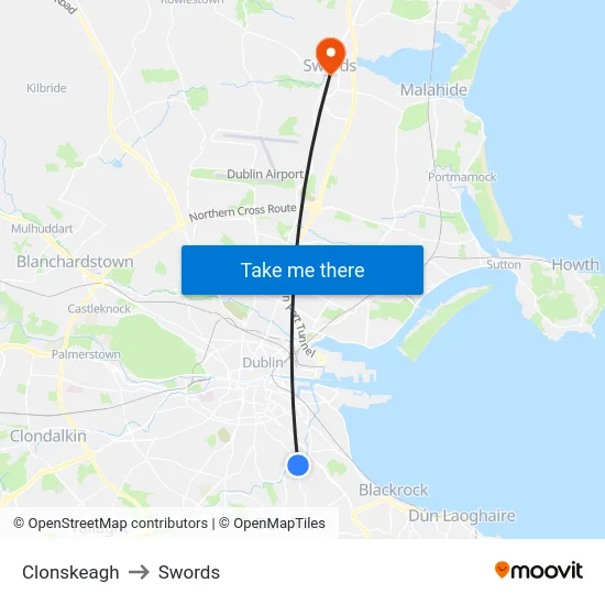 Clonskeagh to Swords map