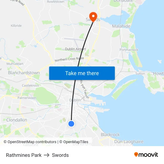 Rathmines Park to Swords map