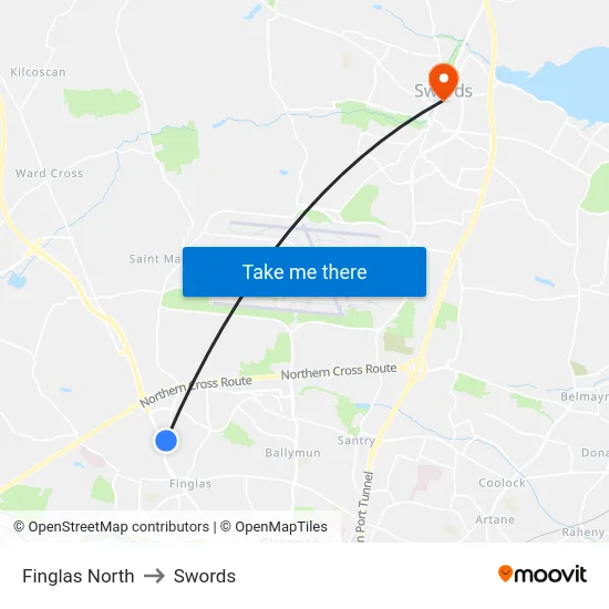 Finglas North to Swords map