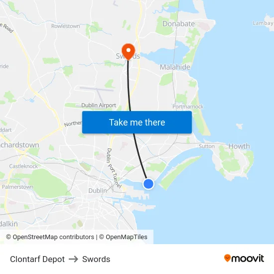 Clontarf Depot to Swords map