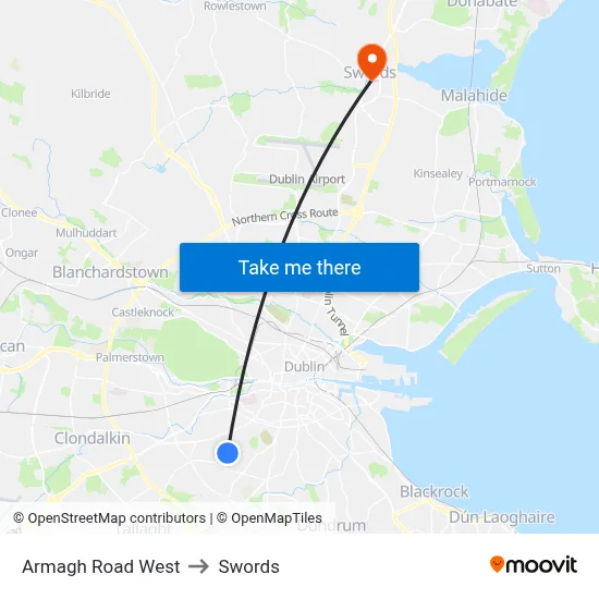 Armagh Road West to Swords map