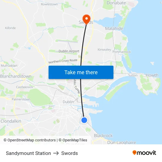 Sandymount Station to Swords map