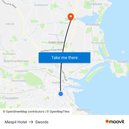 Mespil Hotel to Swords map