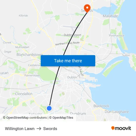 Willington Lawn to Swords map