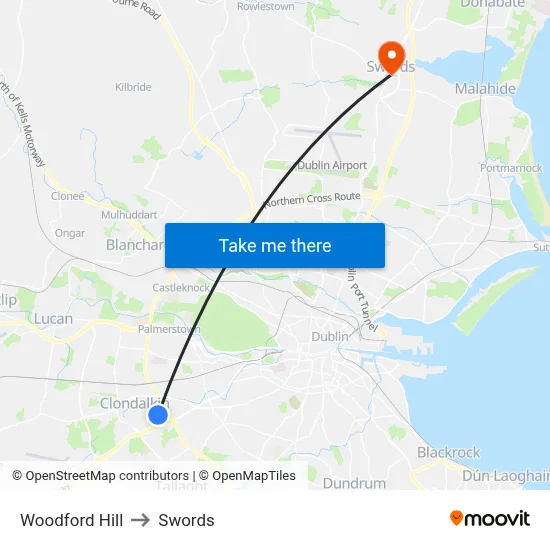 Woodford Hill to Swords map