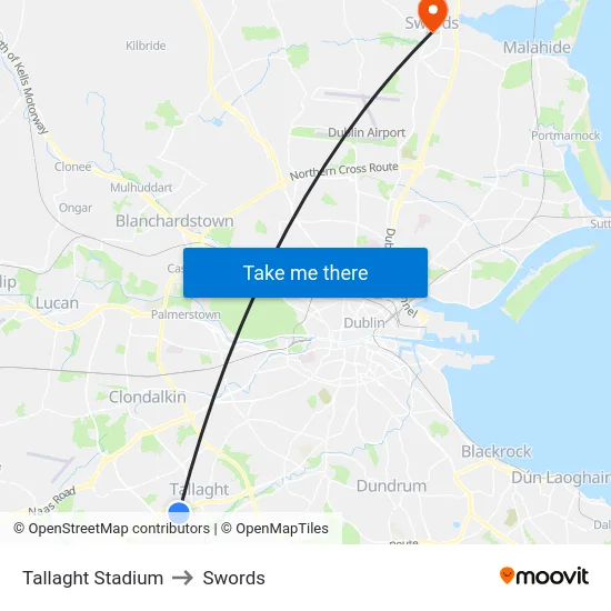 Tallaght Stadium to Swords map