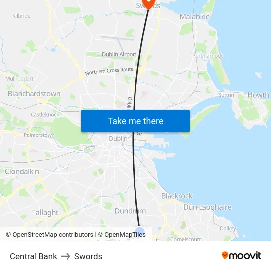 Central Bank to Swords map