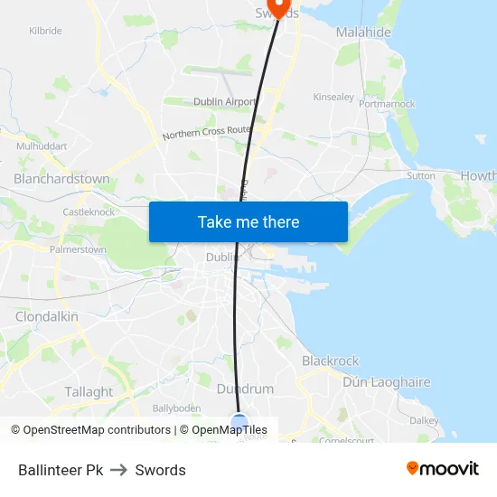 Ballinteer Pk to Swords map
