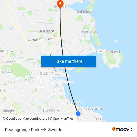Deansgrange Park to Swords map