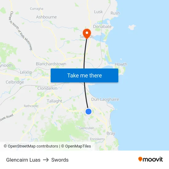 Glencairn Luas to Swords map