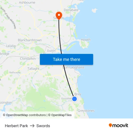 Herbert Park to Swords map