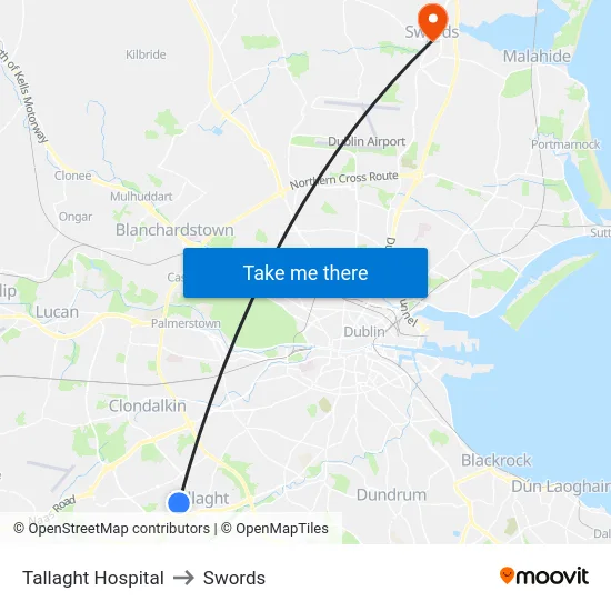 Tallaght Hospital to Swords map