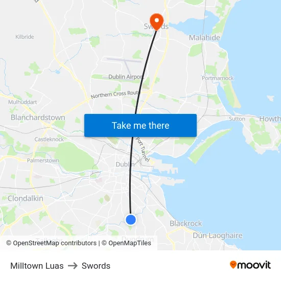 Milltown Luas to Swords map