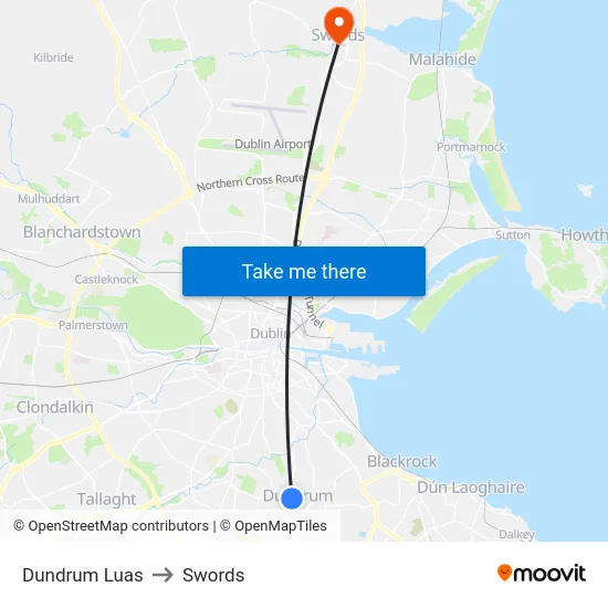 Dundrum Luas to Swords map