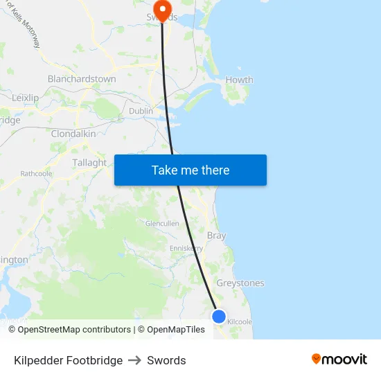 Kilpedder Footbridge to Swords map