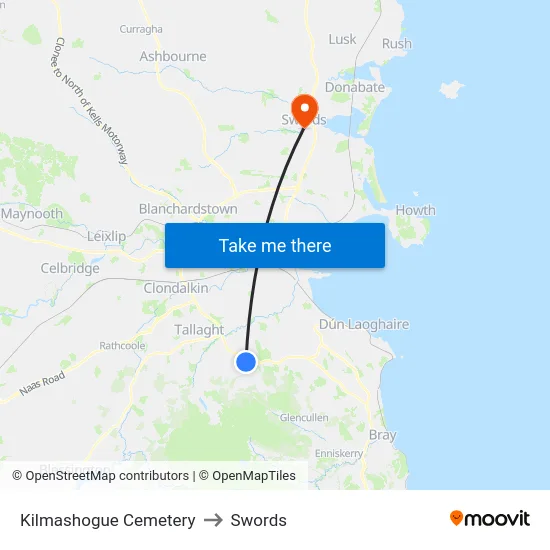Kilmashogue Cemetery to Swords map