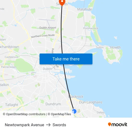 Newtownpark Avenue to Swords map