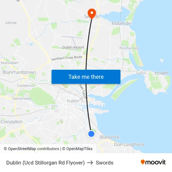 Dublin (Ucd Stillorgan Rd Flyover) to Swords map