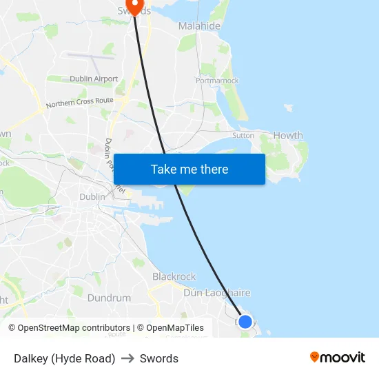 Dalkey (Hyde Road) to Swords map