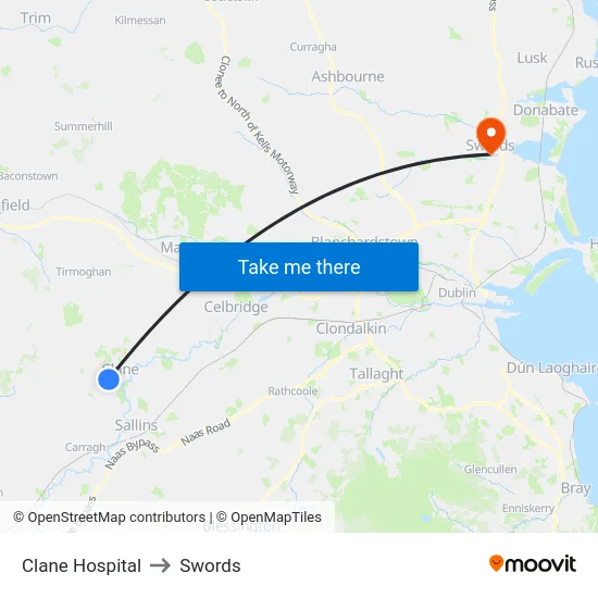 Clane Hospital to Swords map