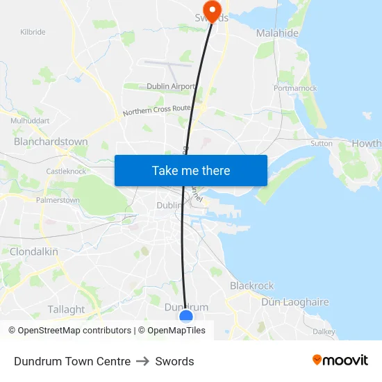Dundrum Town Centre to Swords map