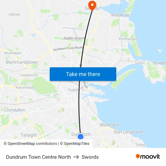 Dundrum Town Centre North to Swords map
