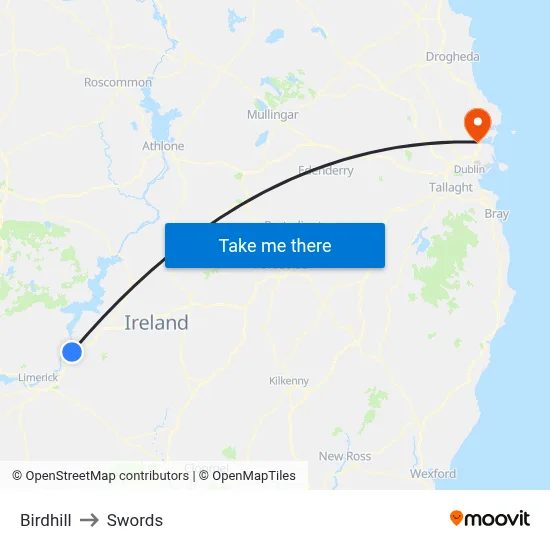 Birdhill to Swords map