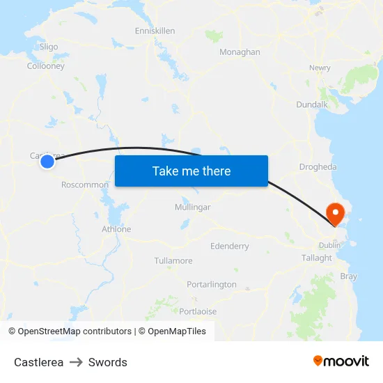 Castlerea to Swords map