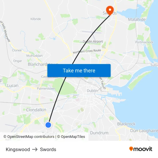 Kingswood to Swords map