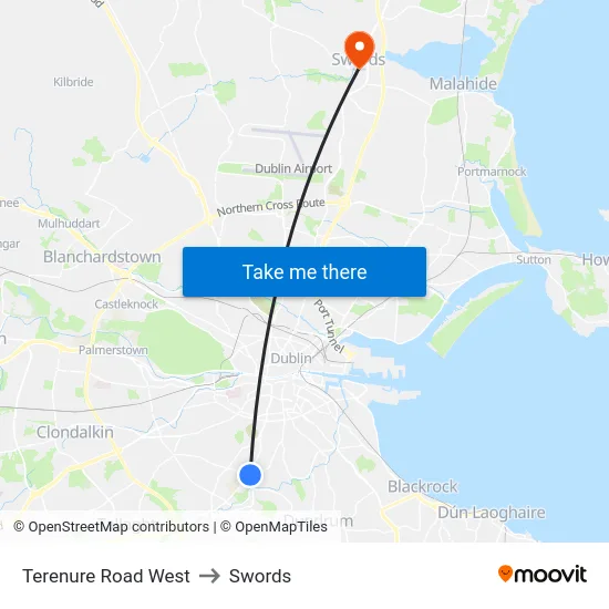Terenure Road West to Swords map