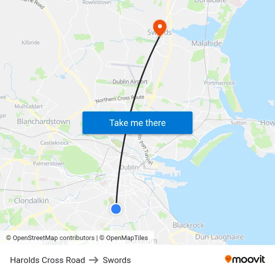 Harolds Cross Road to Swords map