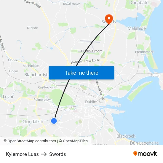 Kylemore Luas to Swords map