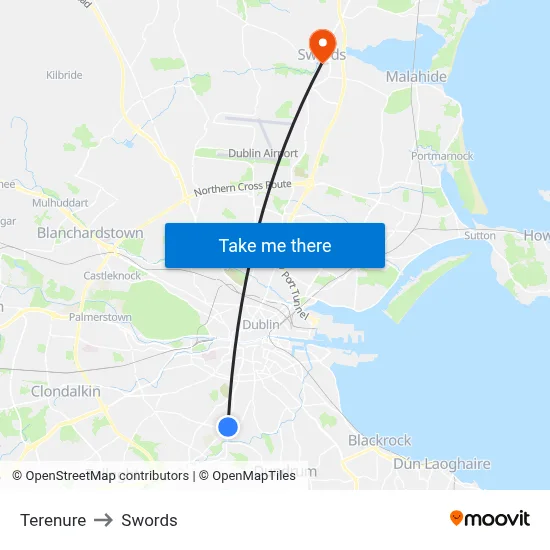 Terenure to Swords map