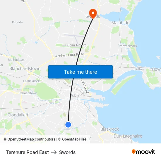Terenure Road East to Swords map