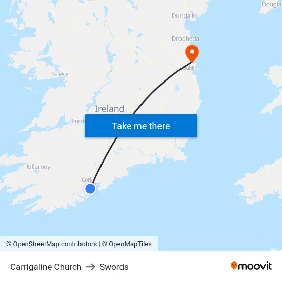 Carrigaline Church to Swords map