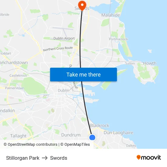 Stillorgan Park to Swords map