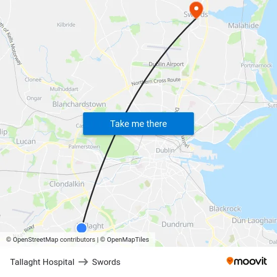 Tallaght Hospital to Swords map