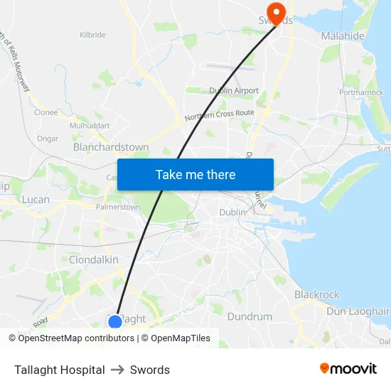 Tallaght Hospital to Swords map