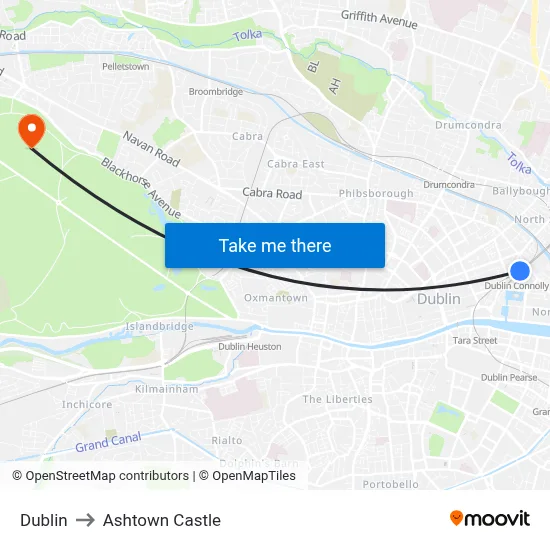 Dublin to Ashtown Castle map