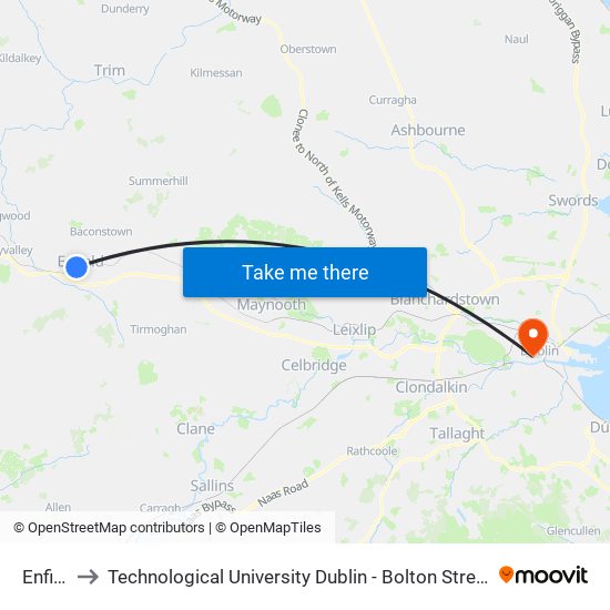 Enfield to Technological University Dublin - Bolton Street Campus map