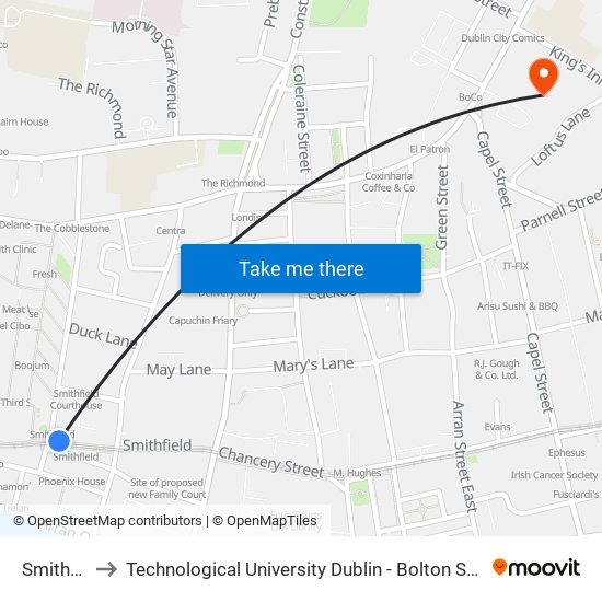 Smithfield to Technological University Dublin - Bolton Street Campus map