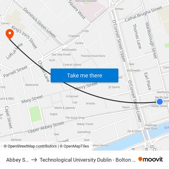 Abbey Street to Technological University Dublin - Bolton Street Campus map