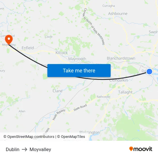 Dublin to Moyvalley map