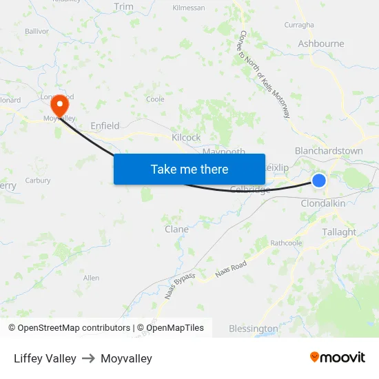 Liffey Valley to Moyvalley map