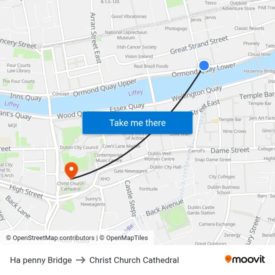 Ha penny Bridge to Christ Church Cathedral map