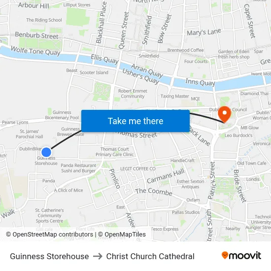 Guinness Storehouse to Christ Church Cathedral map