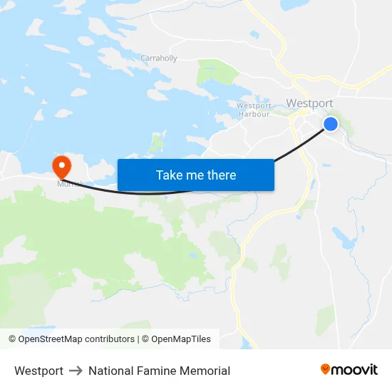 Westport to National Famine Memorial map
