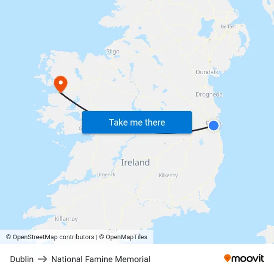 Dublin to National Famine Memorial map