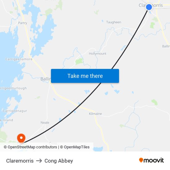 Claremorris to Cong Abbey map