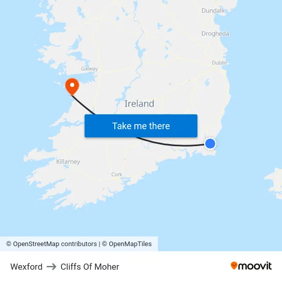 Wexford to Cliffs Of Moher map